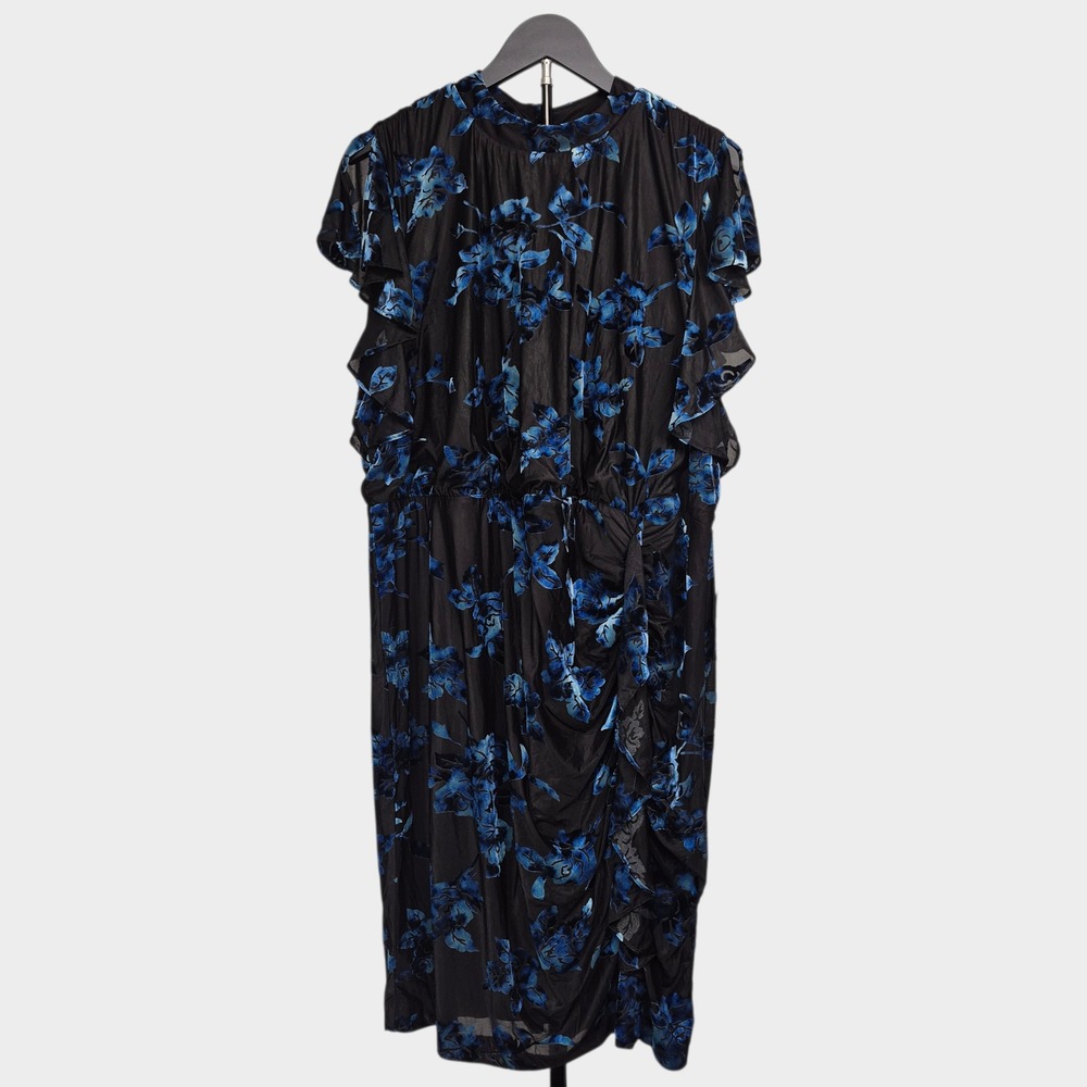 Lane Bryant 18 Blue Velvet Burnout Floral Mock Neck Ruffle Sheath Dress NWT